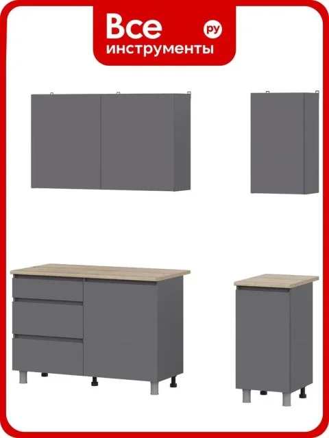 Кухонный гарнитур Арника Денвер Графит серый с Сонома, прямой конфигурации, ламинированные фасады, гладкая столешница